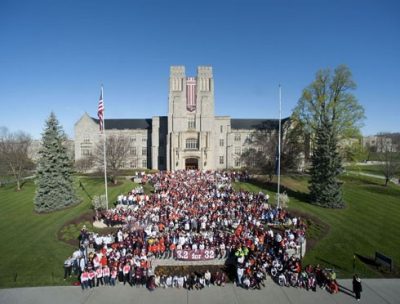 Participants in the 3.2 Mile Run in Remembrance gather outside of Burruss Hall after the race.