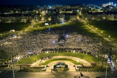 The candlelight vigil on the Drillfield, as seen from the top of Burruss Hall.