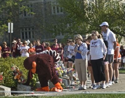 The HokieBird pays its respects at the April 16 Memorial.